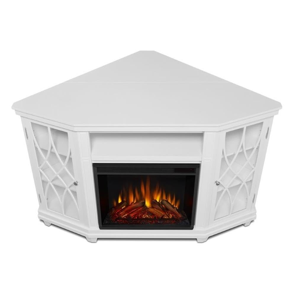 Solid Wood Corner Fireplace TV Stand with Remote Control, Adjustable LED Flame & 1500W Heater
