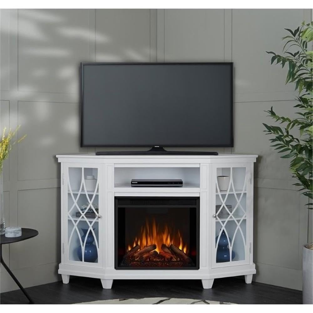 Solid Wood Corner Fireplace TV Stand with Remote Control, Adjustable LED Flame & 1500W Heater