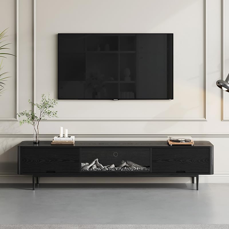 70"/80" TV Stand with Electric Fireplace, Wooden Media Console & Simulated Flame Effect