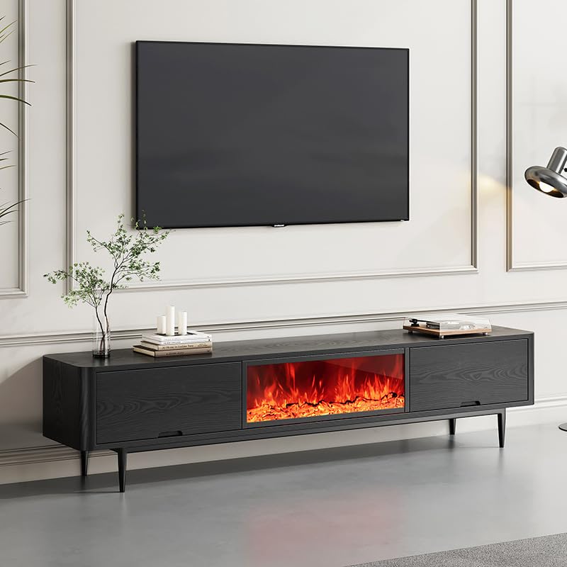 70"/80" TV Stand with Electric Fireplace, Wooden Media Console & Simulated Flame Effect
