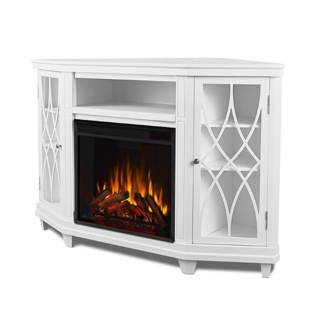 Solid Wood Corner Fireplace TV Stand with Remote Control, Adjustable LED Flame & 1500W Heater