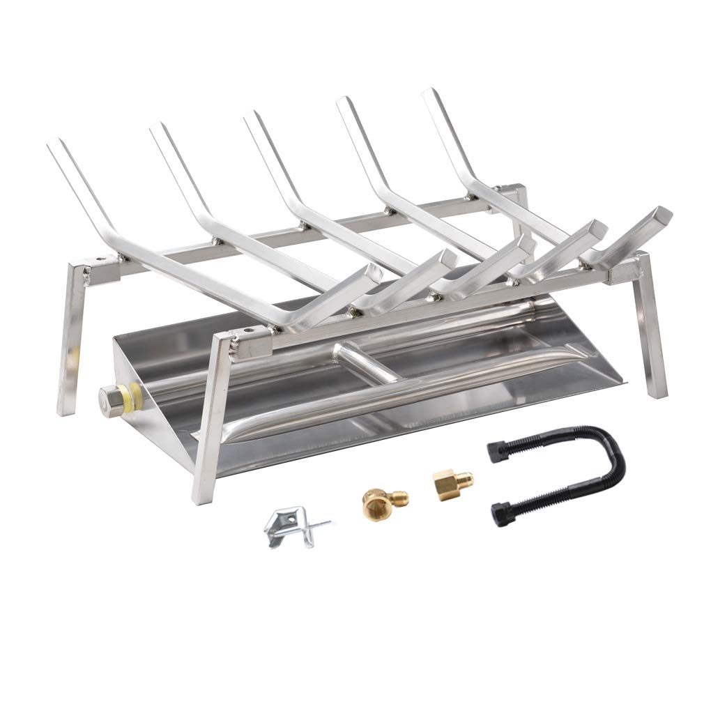Stainless Steel Fireplace Log Grate with Dual Burner Pan & Natural Gas Connection Kit