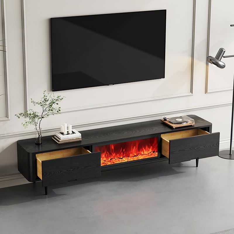 70"/80" TV Stand with Electric Fireplace, Wooden Media Console & Simulated Flame Effect