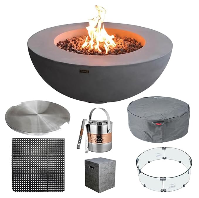42" Concrete Fire Pit Bowl with Electronic Ignition, Lava Rock & Canvas Cover