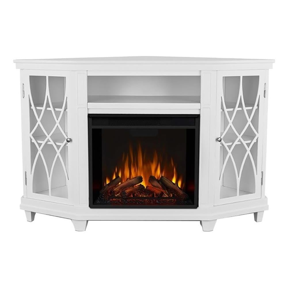 Solid Wood Corner Fireplace TV Stand with Remote Control, Adjustable LED Flame & 1500W Heater