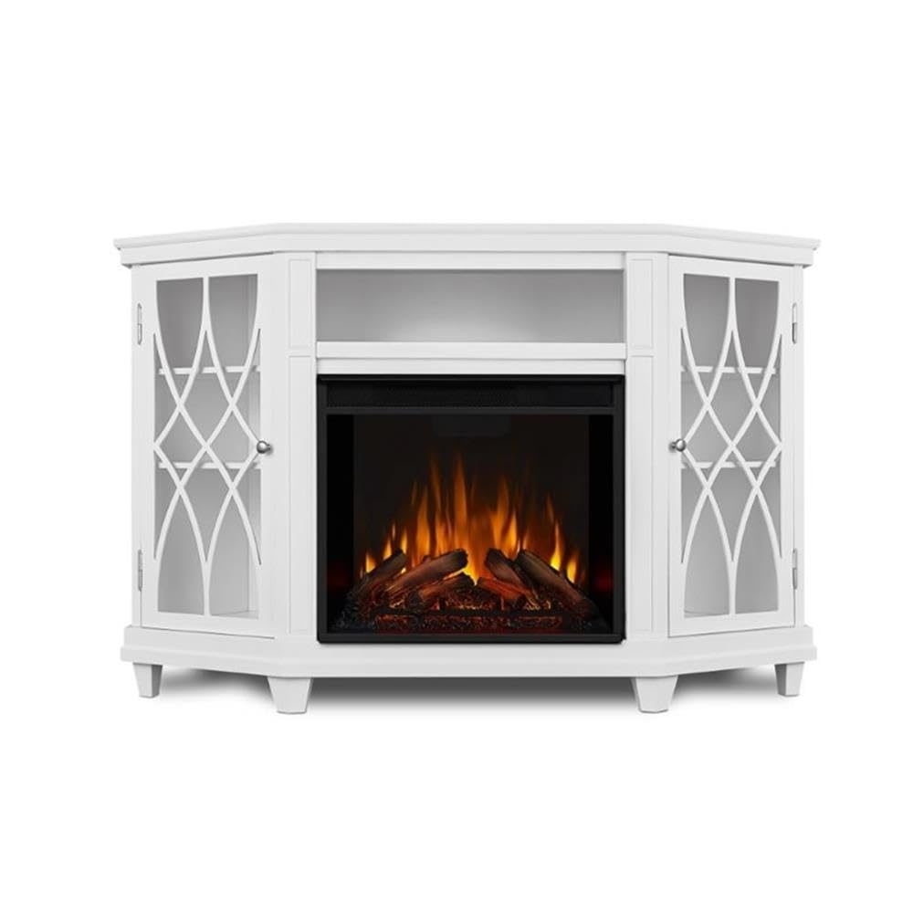 Solid Wood Corner Fireplace TV Stand with Remote Control, Adjustable LED Flame & 1500W Heater