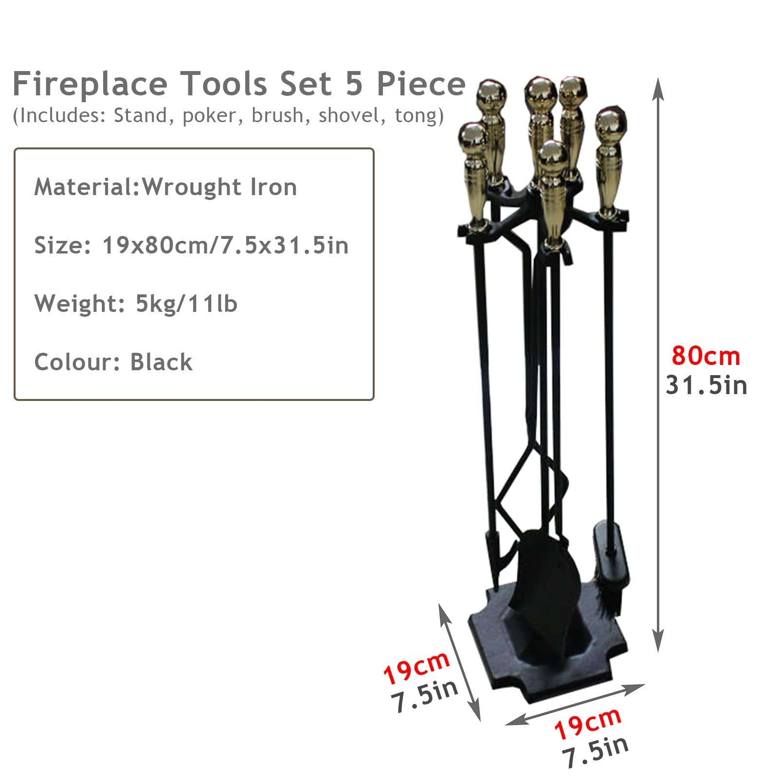 5-Piece Wrought Iron Fireplace Tool Set with Stand, Rust-Resistant Black Finish