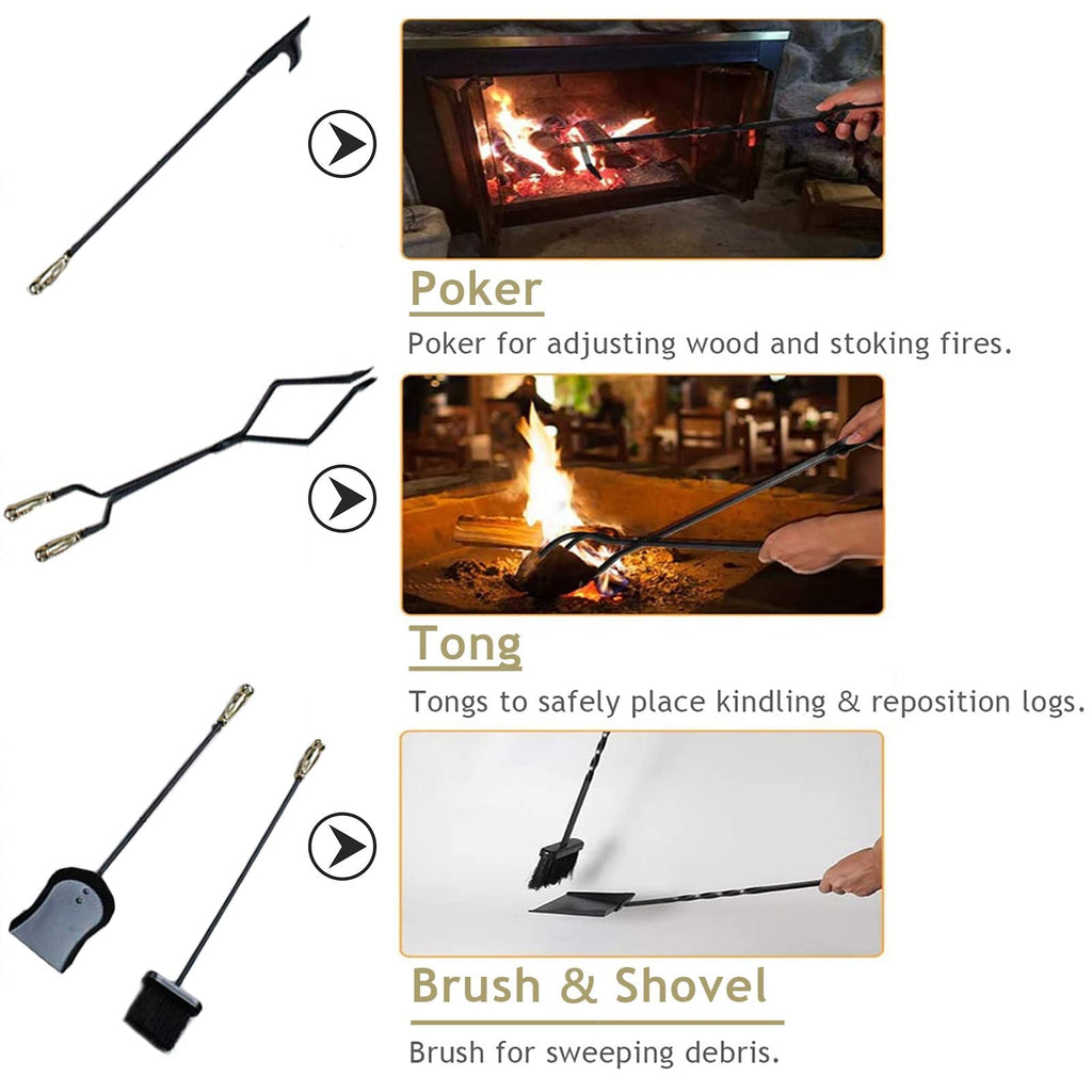 5-Piece Wrought Iron Fireplace Tool Set with Stand, Rust-Resistant Black Finish