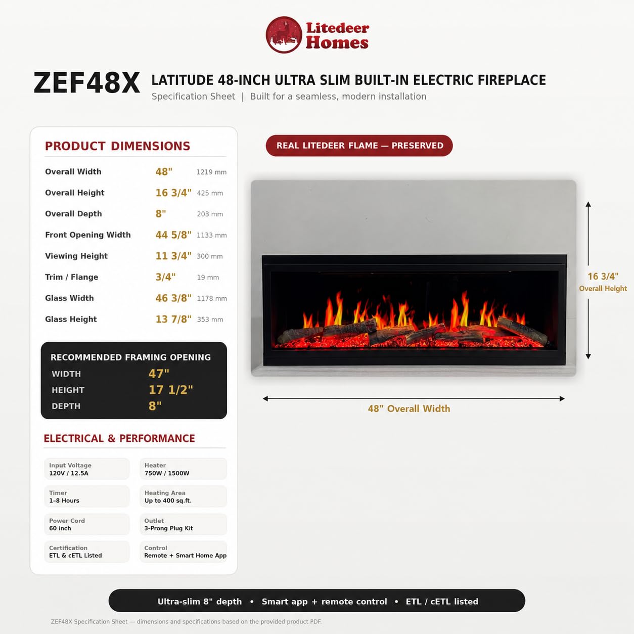 Ultra-Slim Electric Fireplace with Multi-Flame LED, Driftwood Logs, River Rocks & App Control 45"