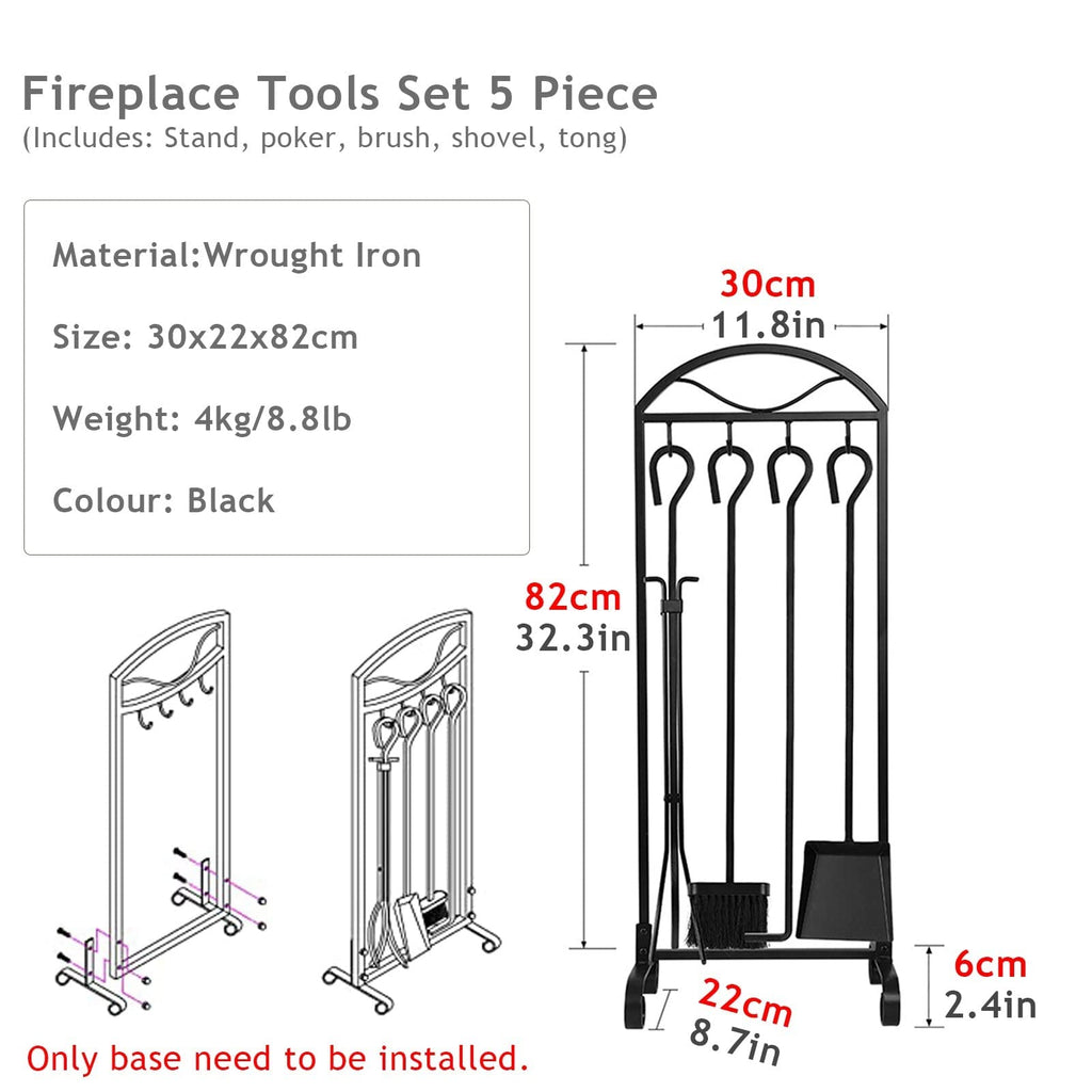 5-Piece Fireplace Tool Set, Hand-Forged Iron Hearth Accessories with Black Finish