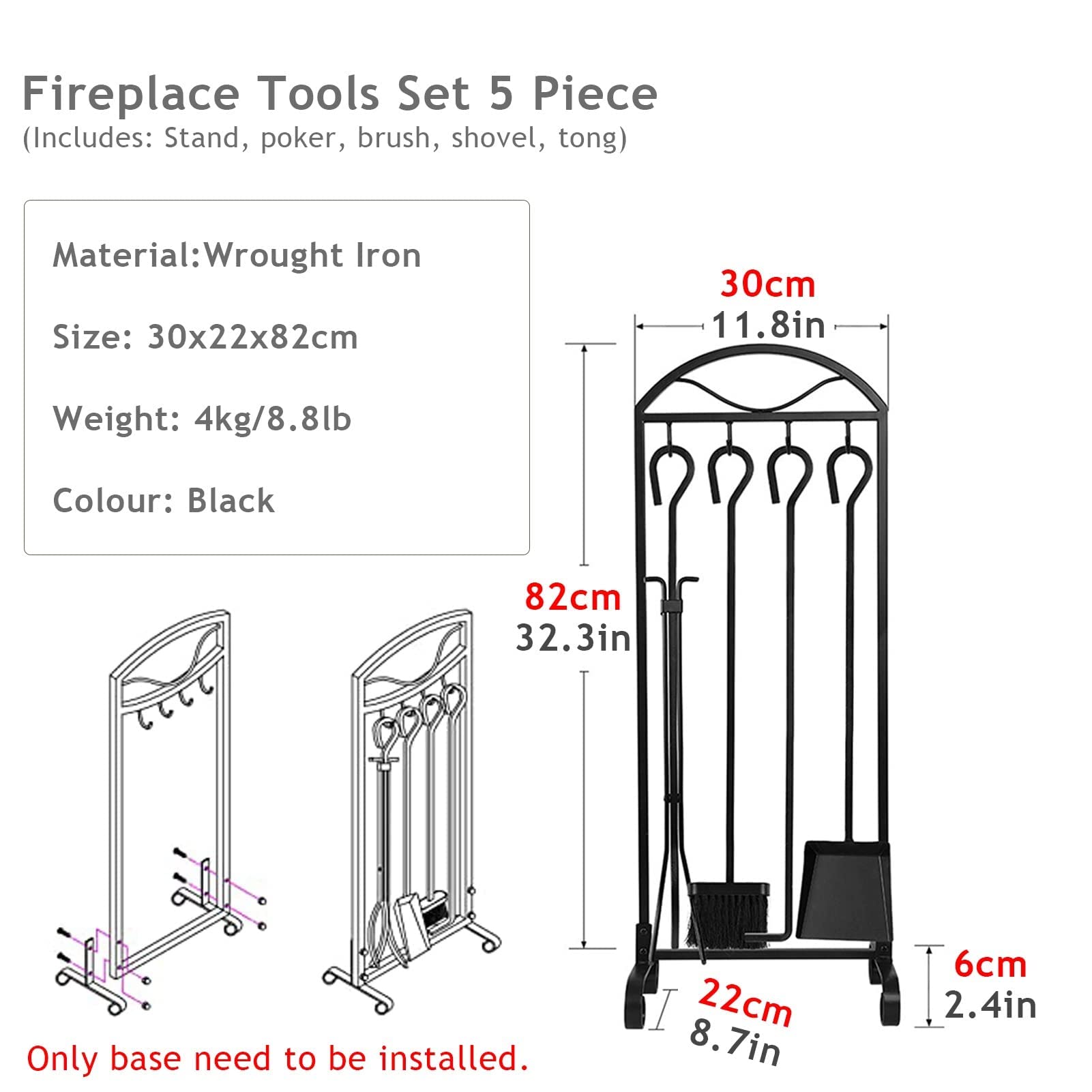 5-Piece Fireplace Tool Set, Hand-Forged Iron Hearth Accessories with Black Finish