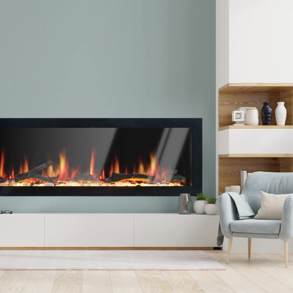 48" Wall-Mounted Electric Fireplace with Crackling Sound, App Control, Driftwood Logs & Remote, Black
