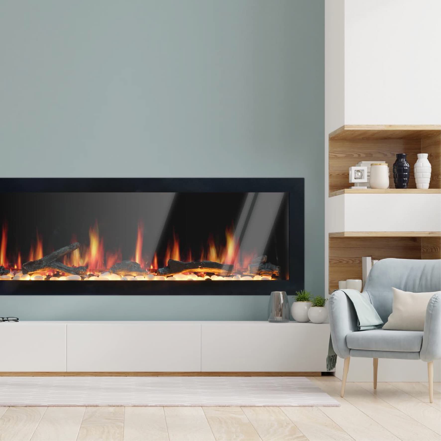 48" Wall-Mounted Electric Fireplace with Crackling Sound, App Control, Driftwood Logs & Remote, Black