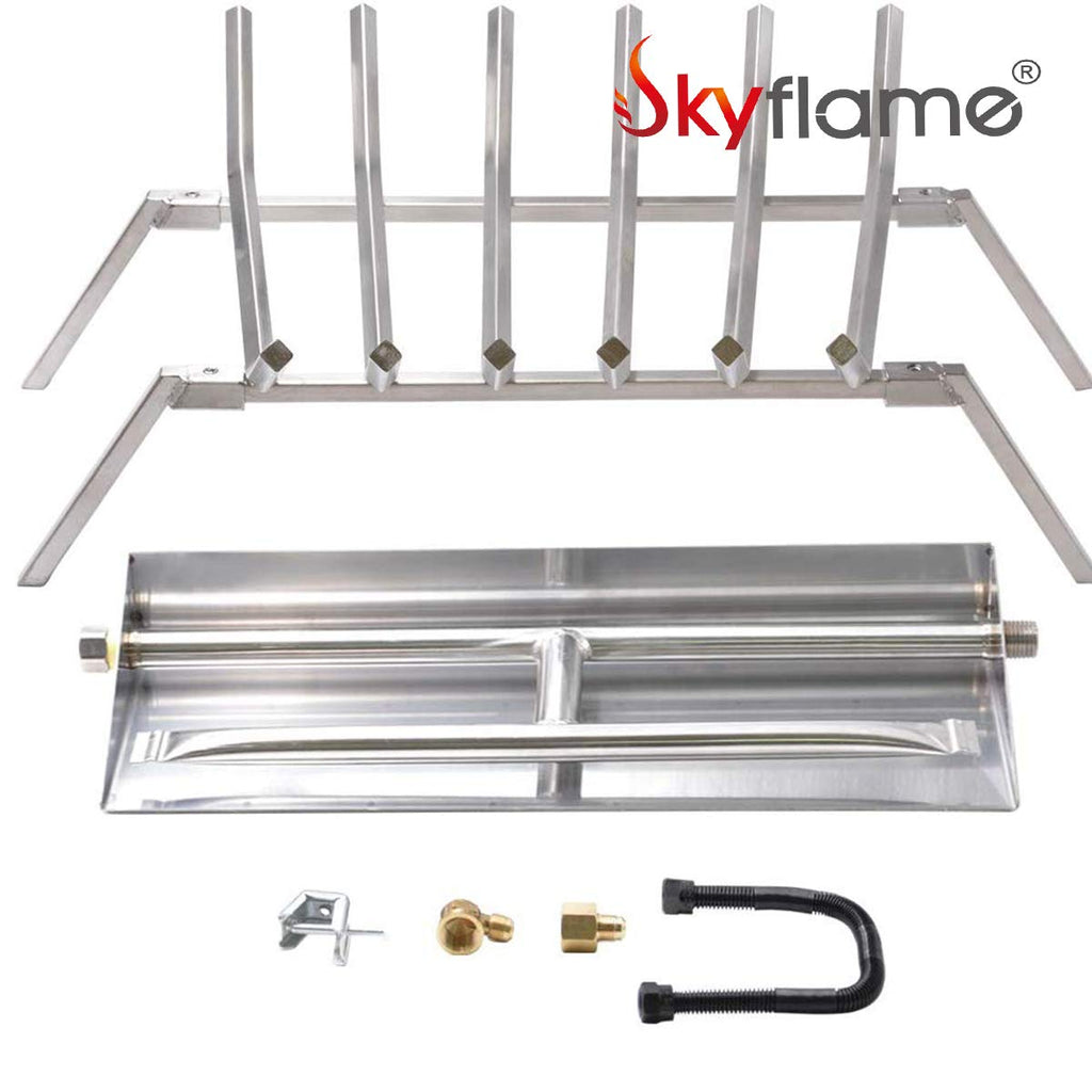 Stainless Steel Fireplace Log Grate with Dual Burner Pan & Natural Gas Connection Kit
