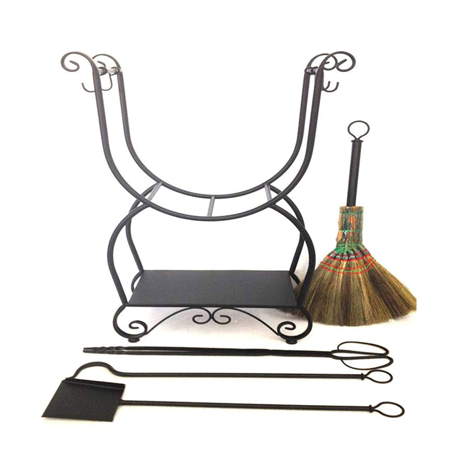 5-Piece Vintage Fireplace Tool Set with Log Holder, Wrought Iron Fireside Accessories