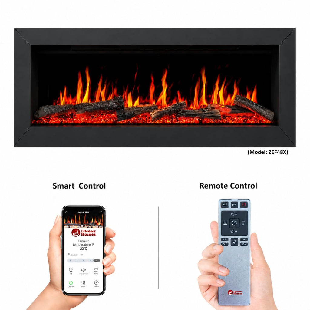 Ultra-Slim Electric Fireplace with Multi-Flame LED, Driftwood Logs, River Rocks & App Control 45"