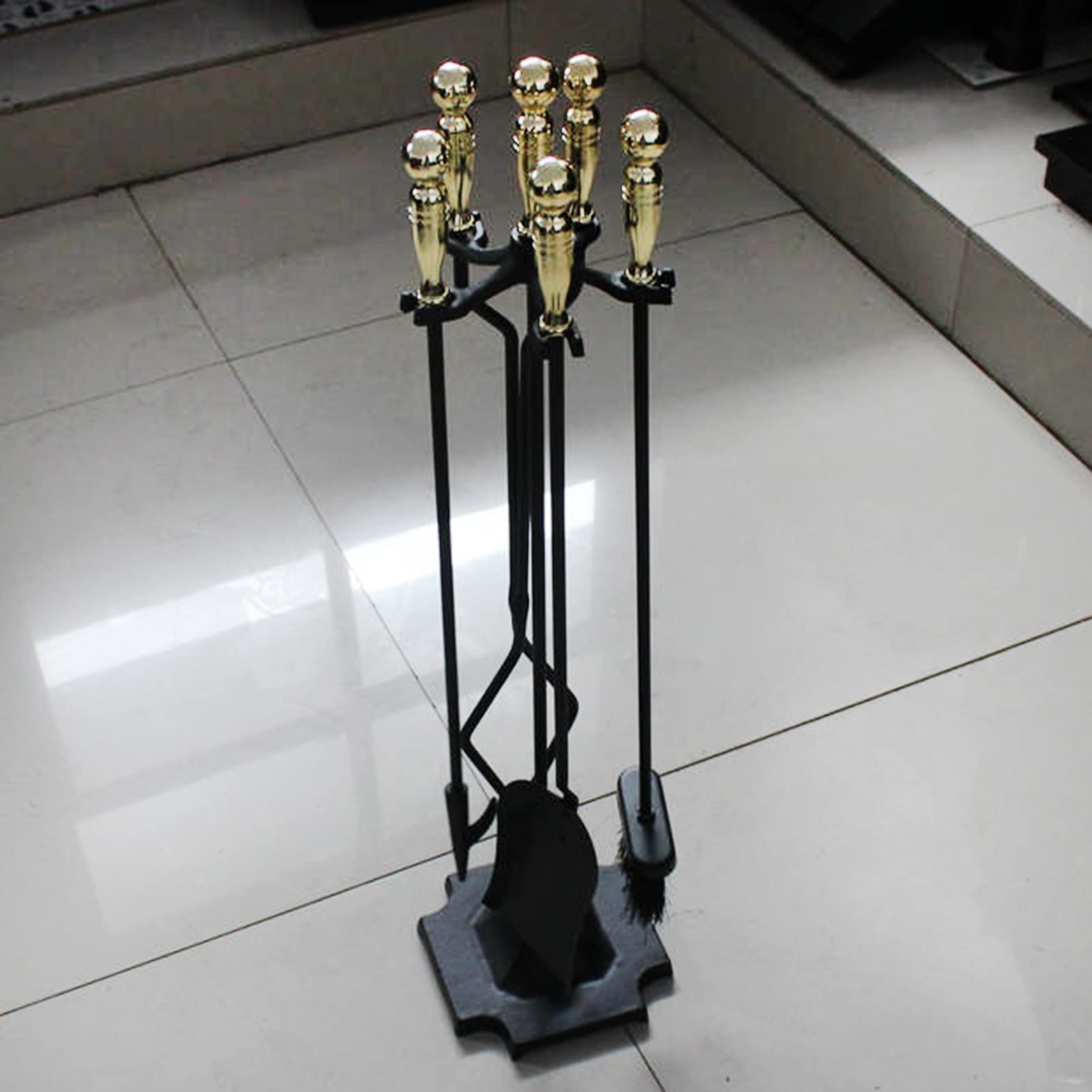 5-Piece Wrought Iron Fireplace Tool Set with Stand, Rust-Resistant Black Finish