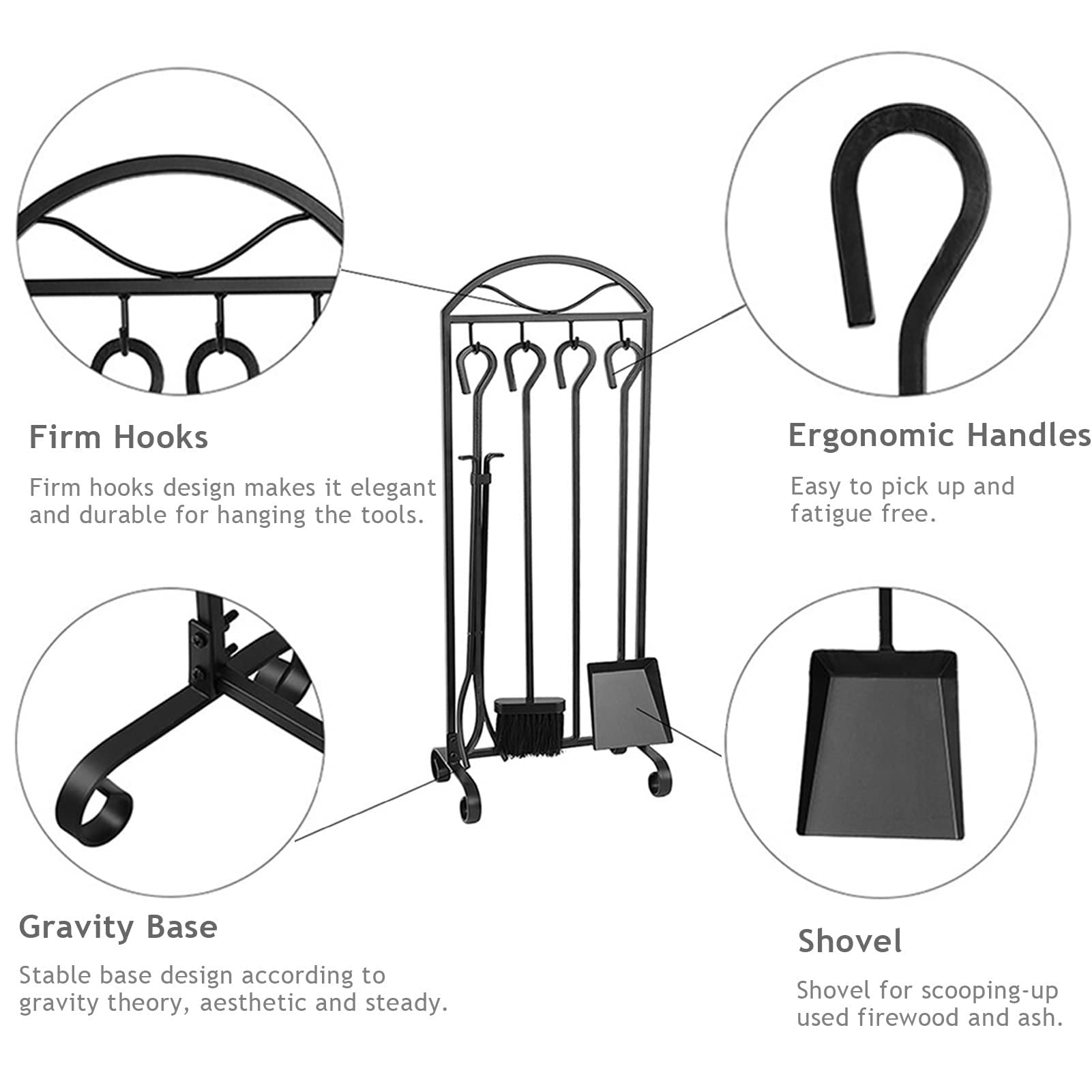 5-Piece Fireplace Tool Set, Hand-Forged Iron Hearth Accessories with Black Finish
