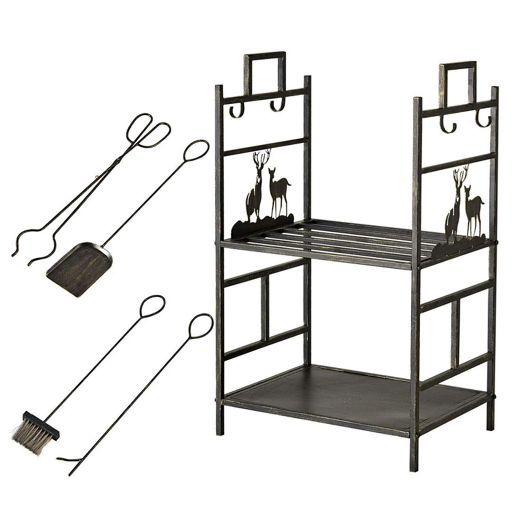 Firewood Rack with 5-Piece Fireplace Tool Set, Heavy-Duty Log Holder for Indoor & Outdoor Use