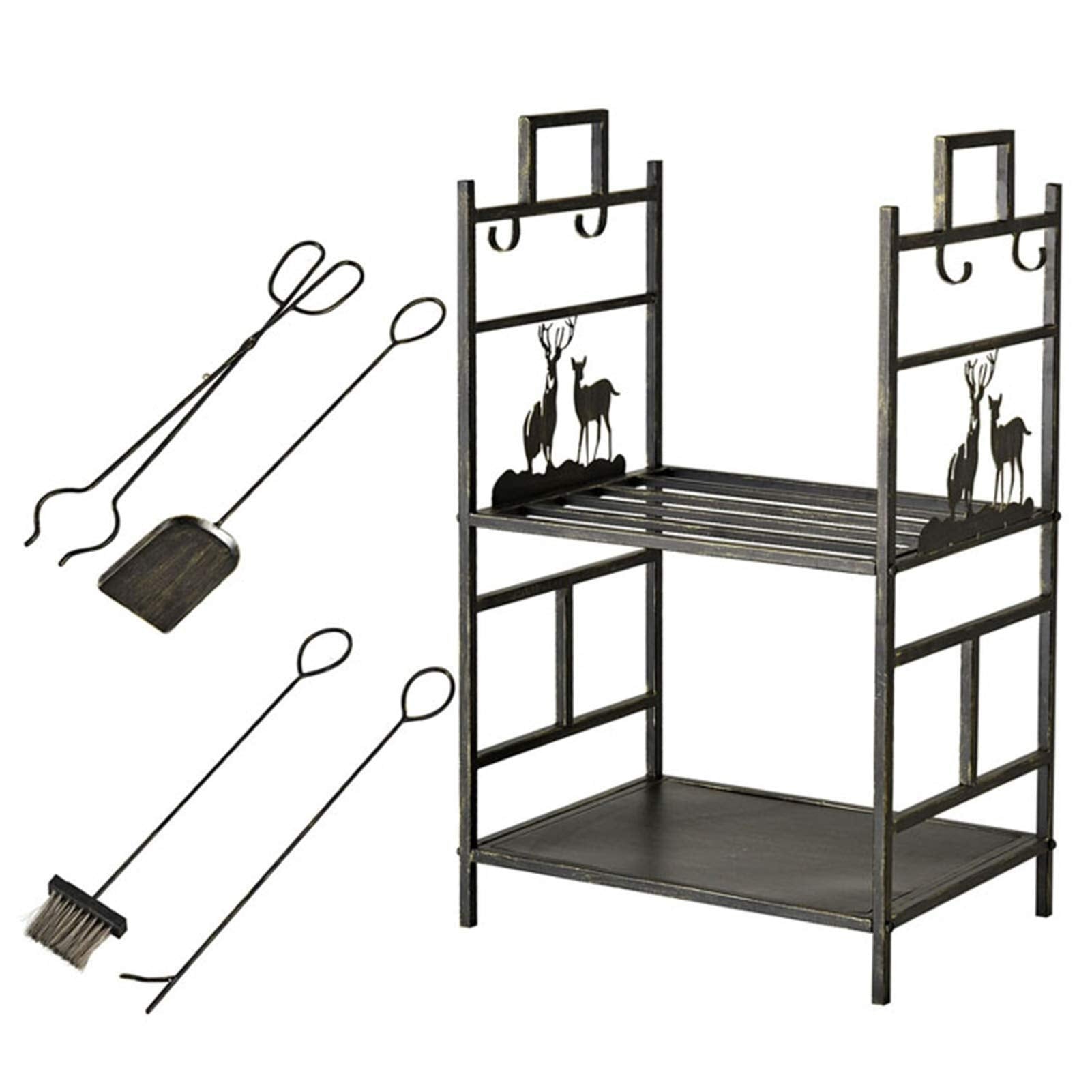 Firewood Rack with 5-Piece Fireplace Tool Set, Heavy-Duty Log Holder for Indoor & Outdoor Use