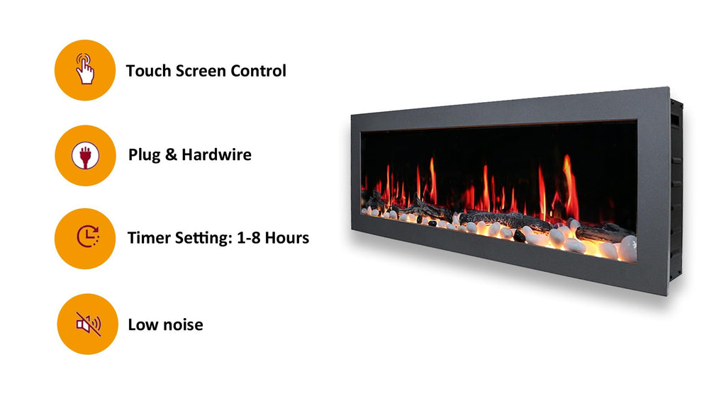 48" Wall-Mounted Electric Fireplace with Crackling Sound, App Control, Driftwood Logs & Remote, Black