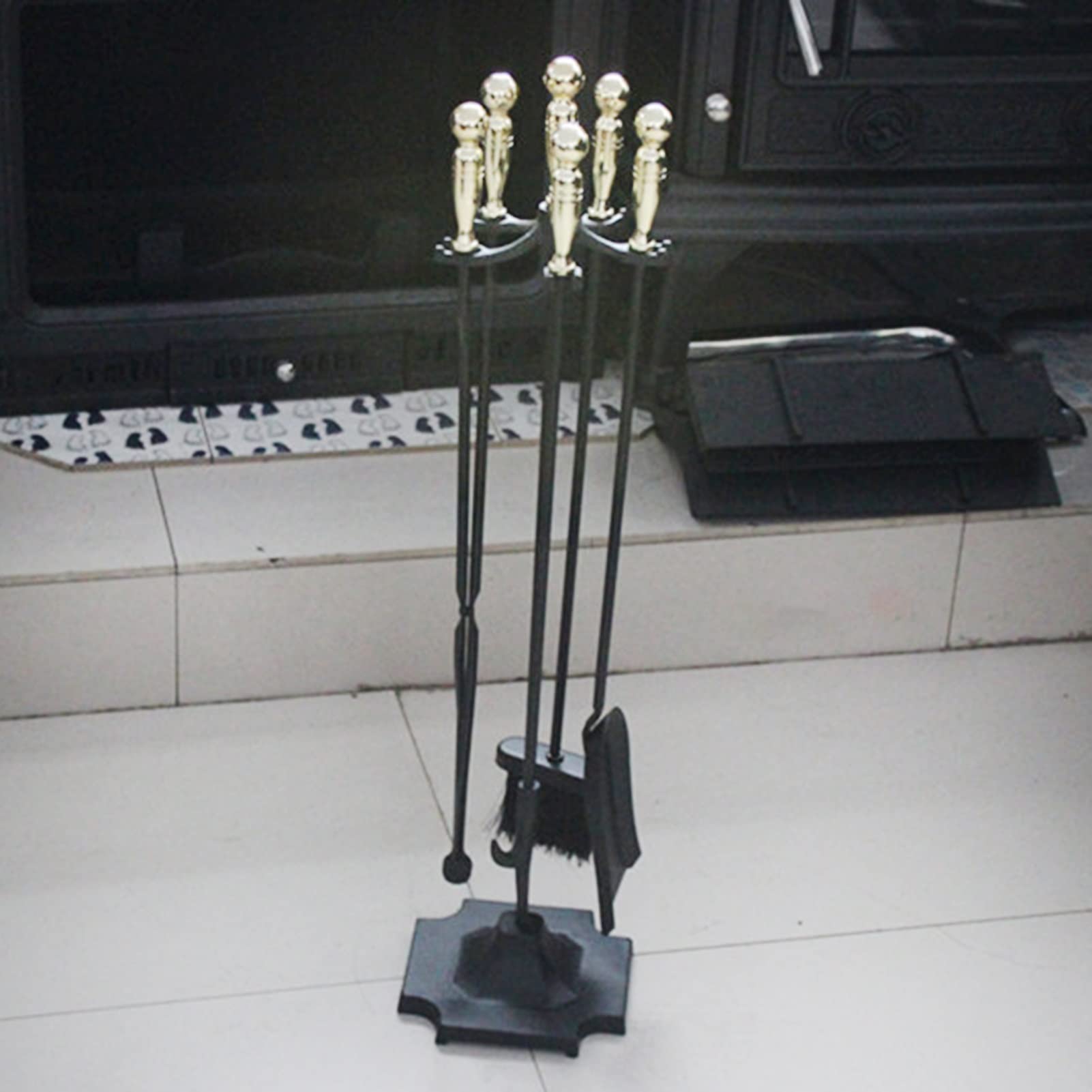 5-Piece Wrought Iron Fireplace Tool Set with Stand, Rust-Resistant Black Finish
