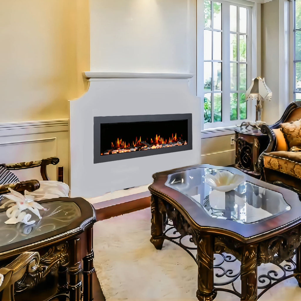 48" Wall-Mounted Electric Fireplace with Crackling Sound, App Control, Driftwood Logs & Remote, Black
