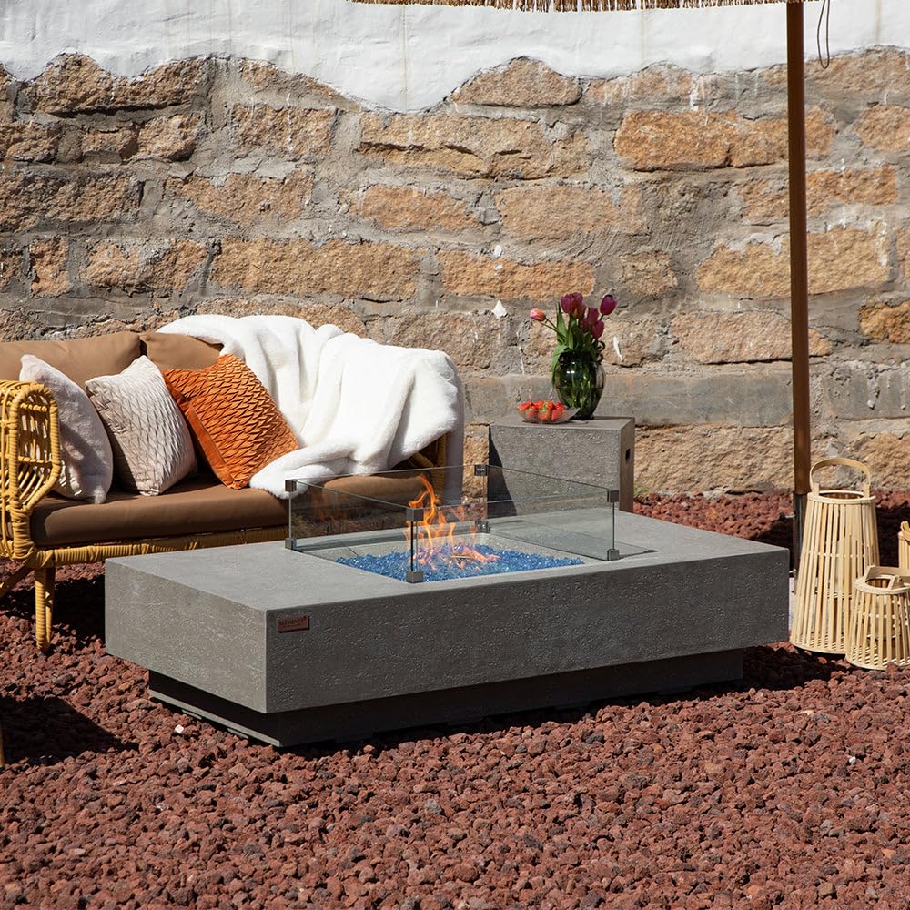 60" Concrete Fire Pit Table with Fire Glass for Patio, Garden & Outdoor Heating
