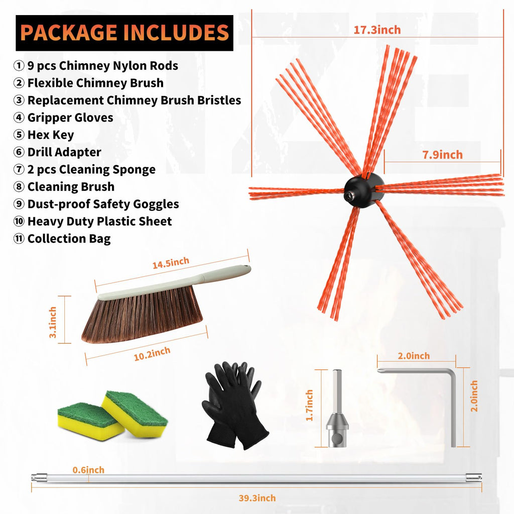 30 ft Chimney Sweep Kit with Rotary Brush and 9 Flexible Nylon Rods for Fireplace Cleaning