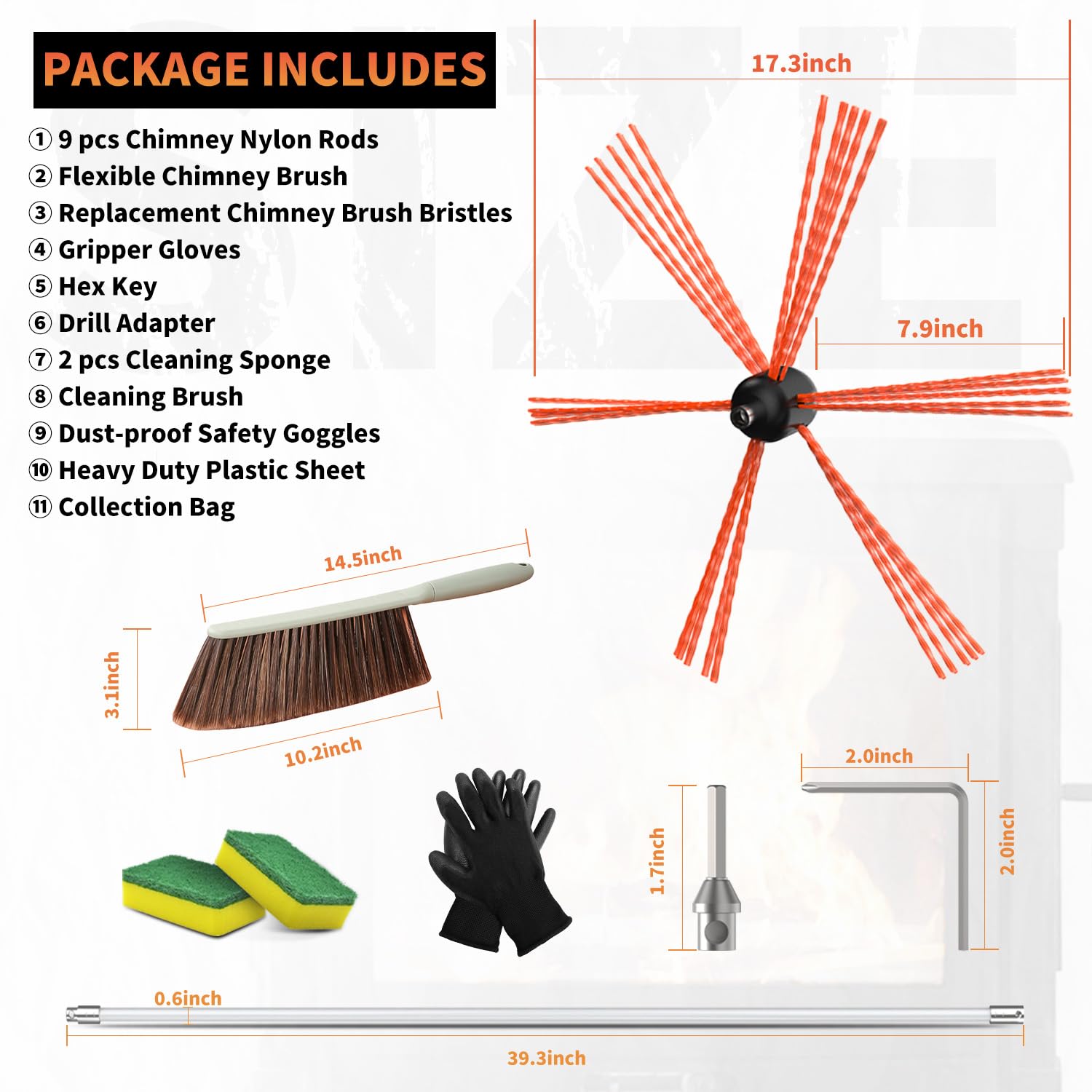 30 ft Chimney Sweep Kit with Rotary Brush and 9 Flexible Nylon Rods for Fireplace Cleaning