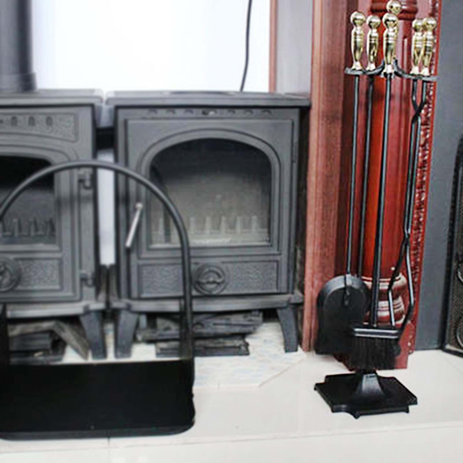 5-Piece Wrought Iron Fireplace Tool Set with Stand, Rust-Resistant Black Finish