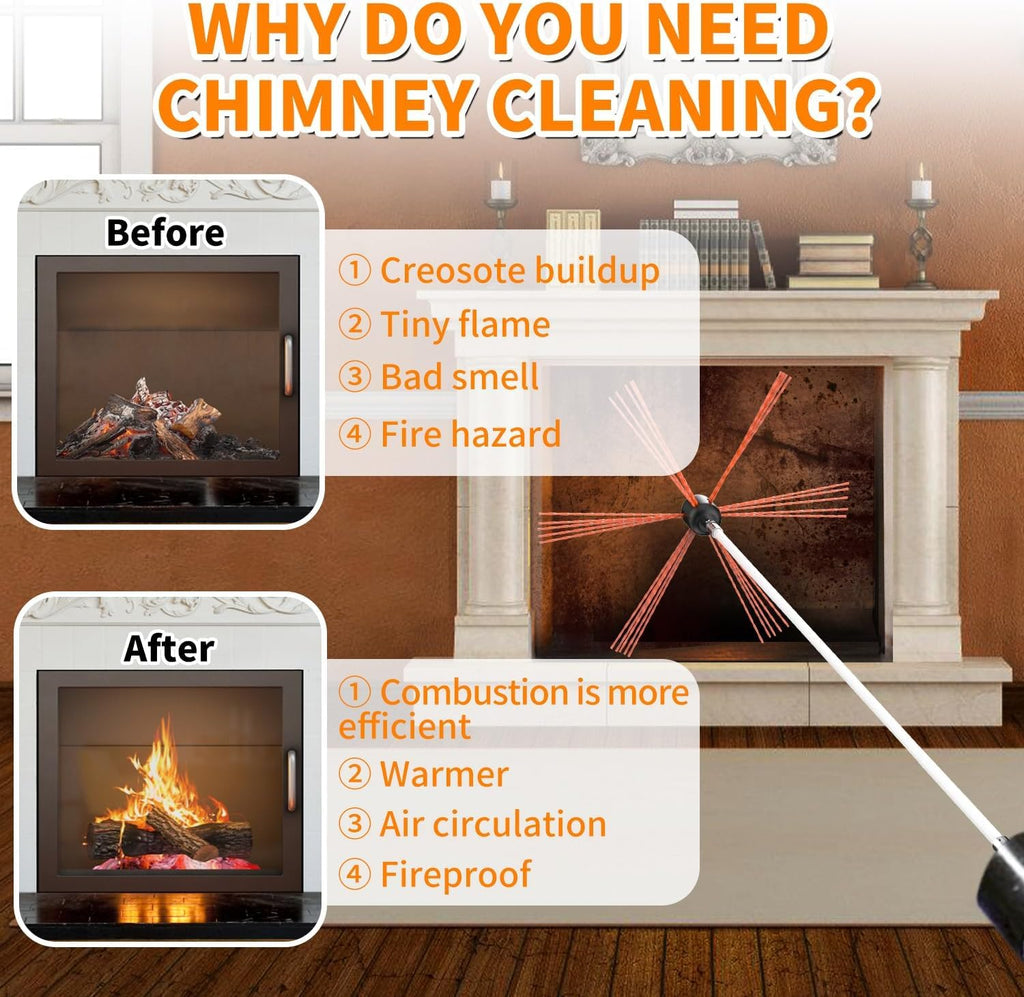30 ft Chimney Sweep Kit with Rotary Brush and 9 Flexible Nylon Rods for Fireplace Cleaning