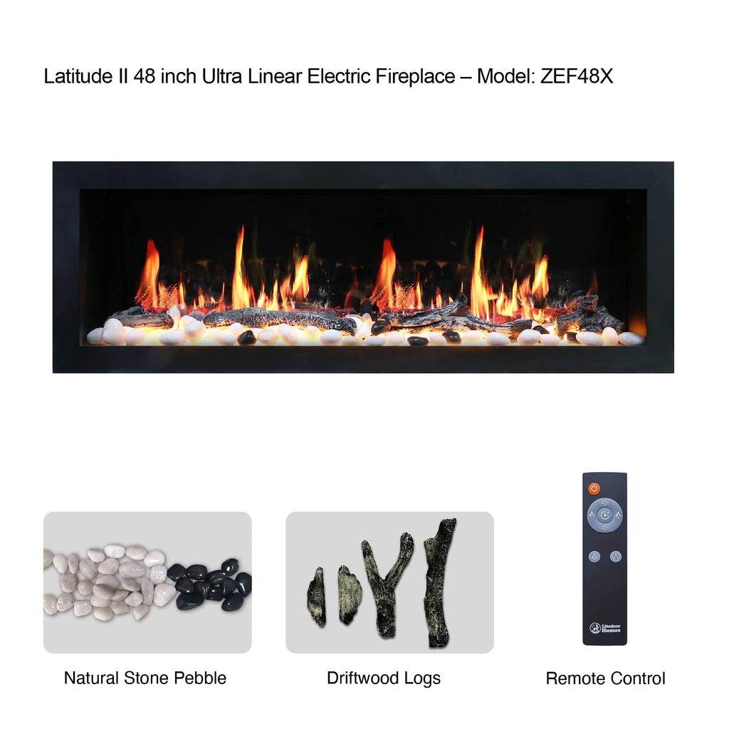 48" Wall-Mounted Electric Fireplace with Crackling Sound, App Control, Driftwood Logs & Remote, Black