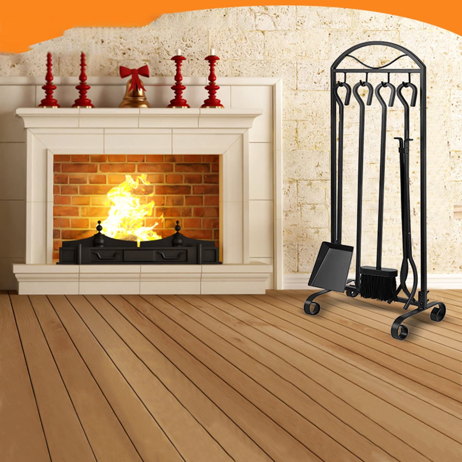 5-Piece Fireplace Tool Set, Hand-Forged Iron Hearth Accessories with Black Finish