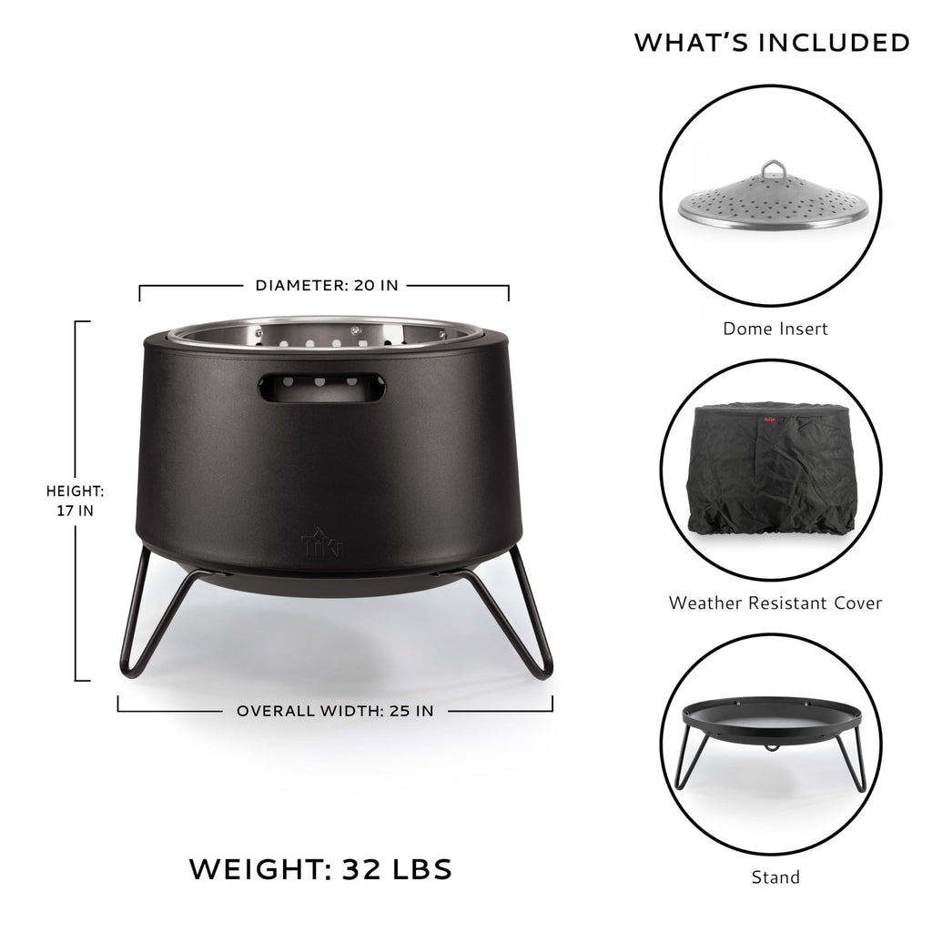 TIKI Brand Stainless Steel Low Smoke Fire Pit - Includes Wood Pack and Cloth Cover