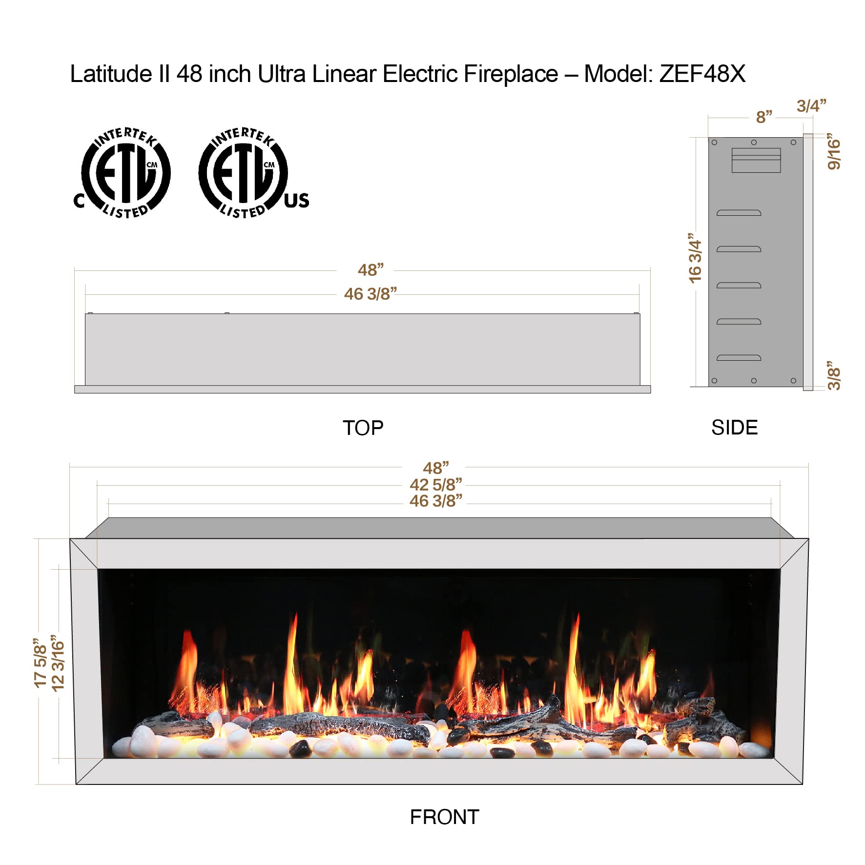 48" Wall-Mounted Electric Fireplace with Crackling Sound, App Control, Driftwood Logs & Remote, Black