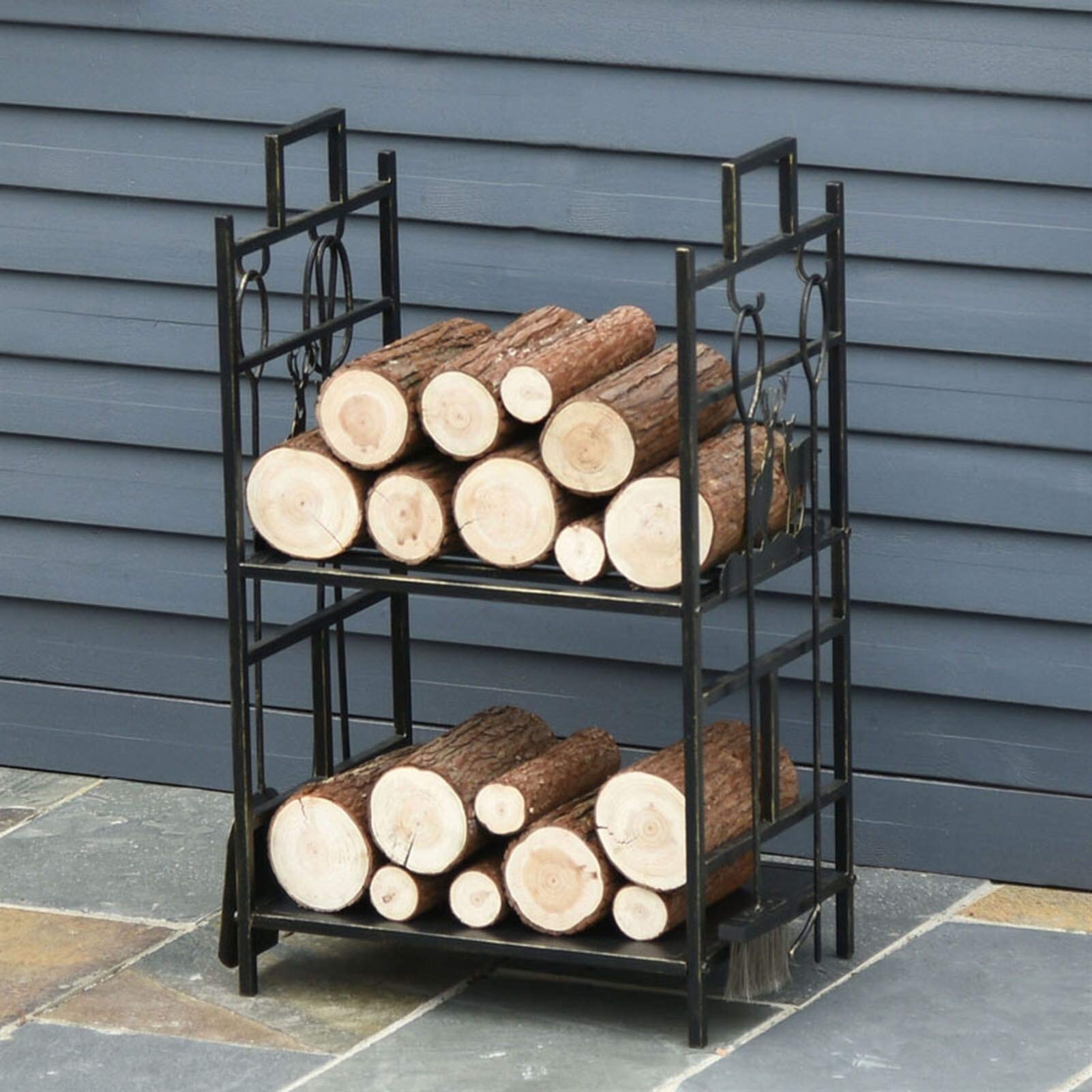 Firewood Rack with 5-Piece Fireplace Tool Set, Heavy-Duty Log Holder for Indoor & Outdoor Use