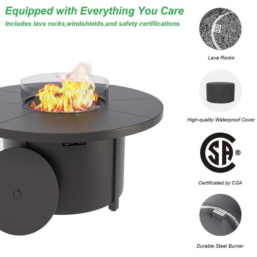 48" Round Propane Fire Pit Table with Glass Wind Guard, 55,000 BTU & Lava Rocks Included