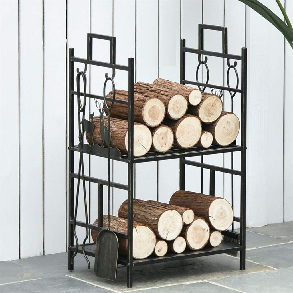 Firewood Rack with 5-Piece Fireplace Tool Set, Heavy-Duty Log Holder for Indoor & Outdoor Use
