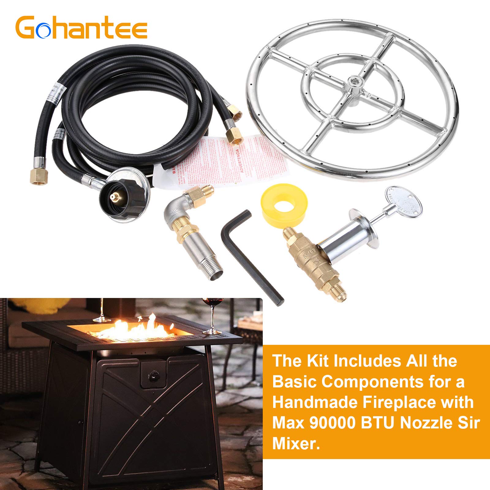 12" Stainless Steel Fire Pit Burner Kit with Valve Assembly, Propane Gas, 90,000 BTU