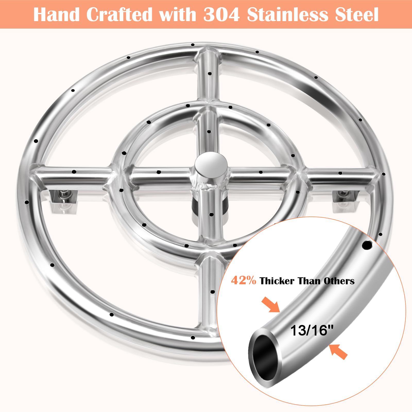 Hiorucet 12'' 18'' 22'' 24'' Round Fire Pit Ring Burner for Natural Gas & Propane Fire Pit Replacement Parts, 304 Stainless Steel Firepit Round Burner Insert.