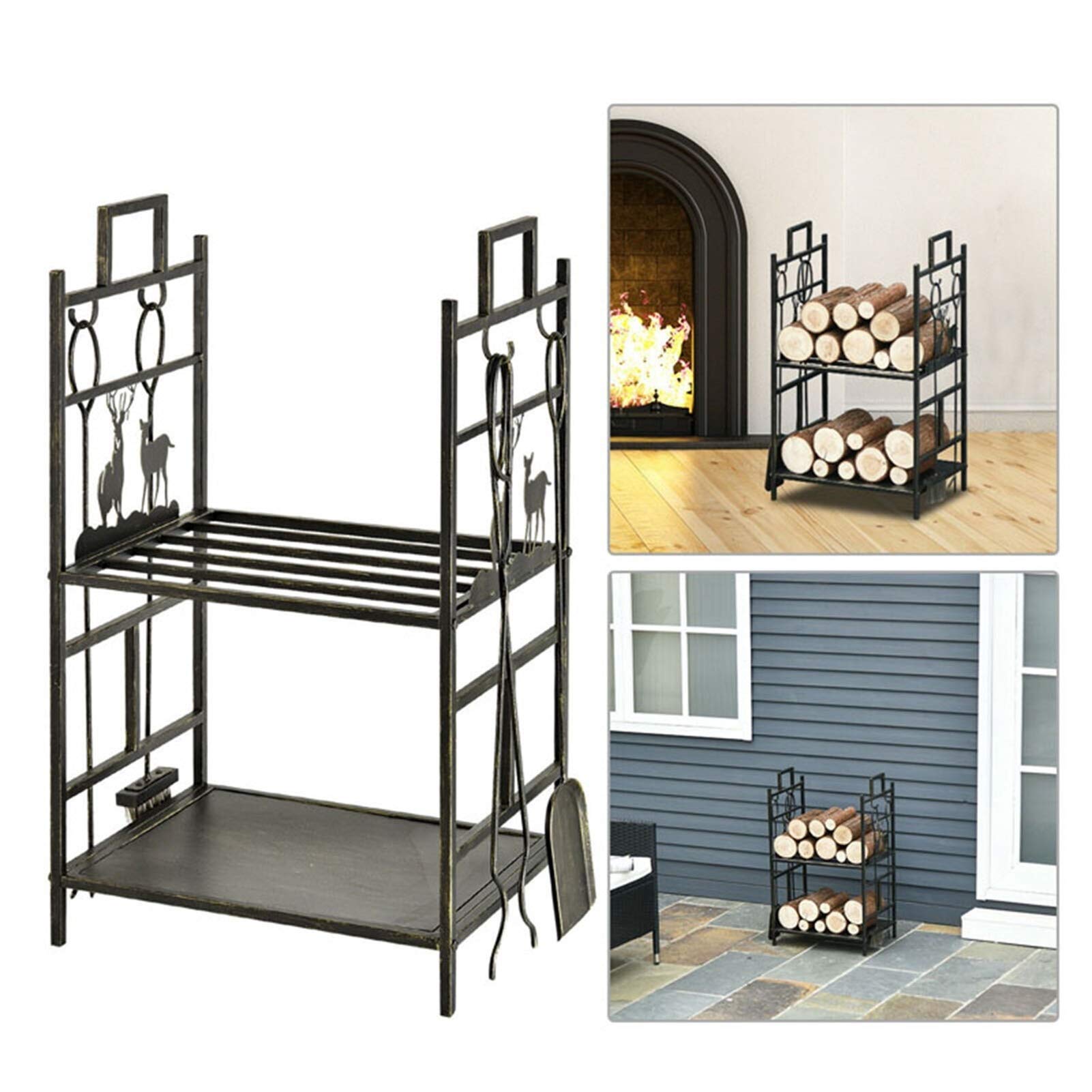Firewood Rack with 5-Piece Fireplace Tool Set, Heavy-Duty Log Holder for Indoor & Outdoor Use