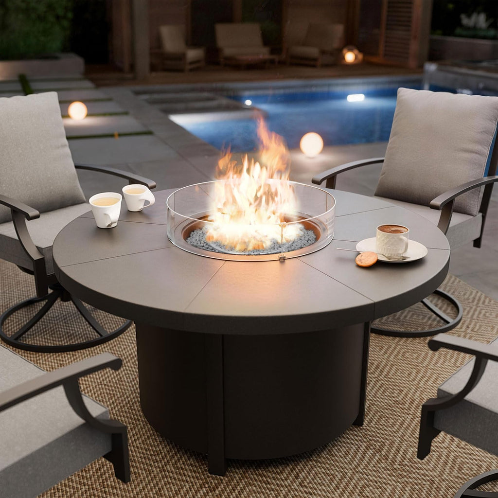 48" Round Propane Fire Pit Table with Glass Wind Guard, 55,000 BTU & Lava Rocks Included