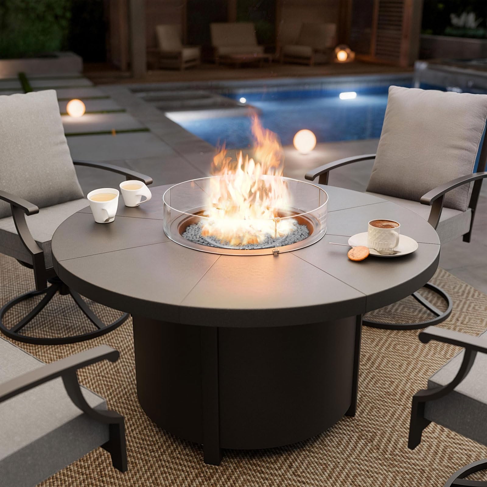 48" Round Propane Fire Pit Table with Glass Wind Guard, 55,000 BTU & Lava Rocks Included