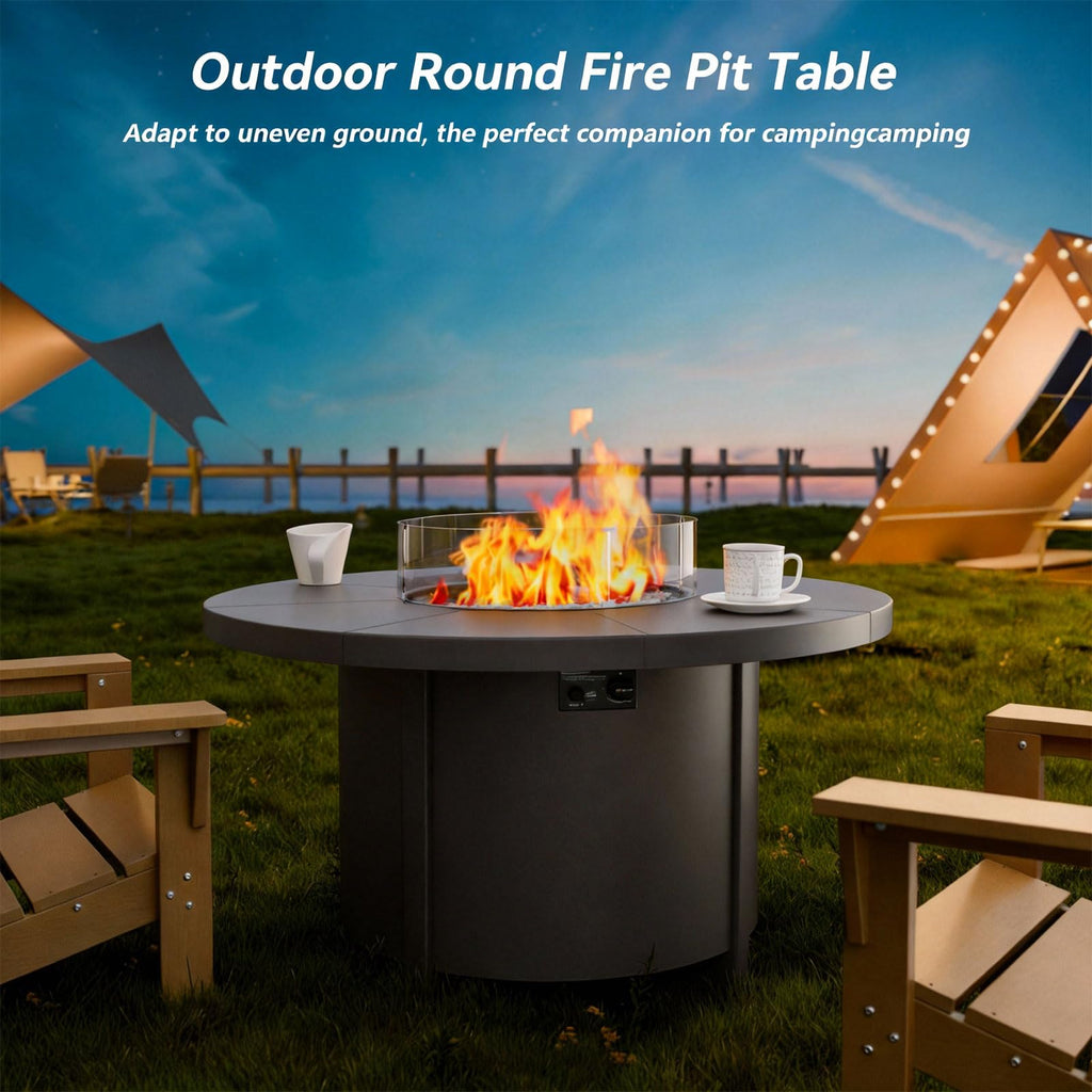 48" Round Propane Fire Pit Table with Glass Wind Guard, 55,000 BTU & Lava Rocks Included