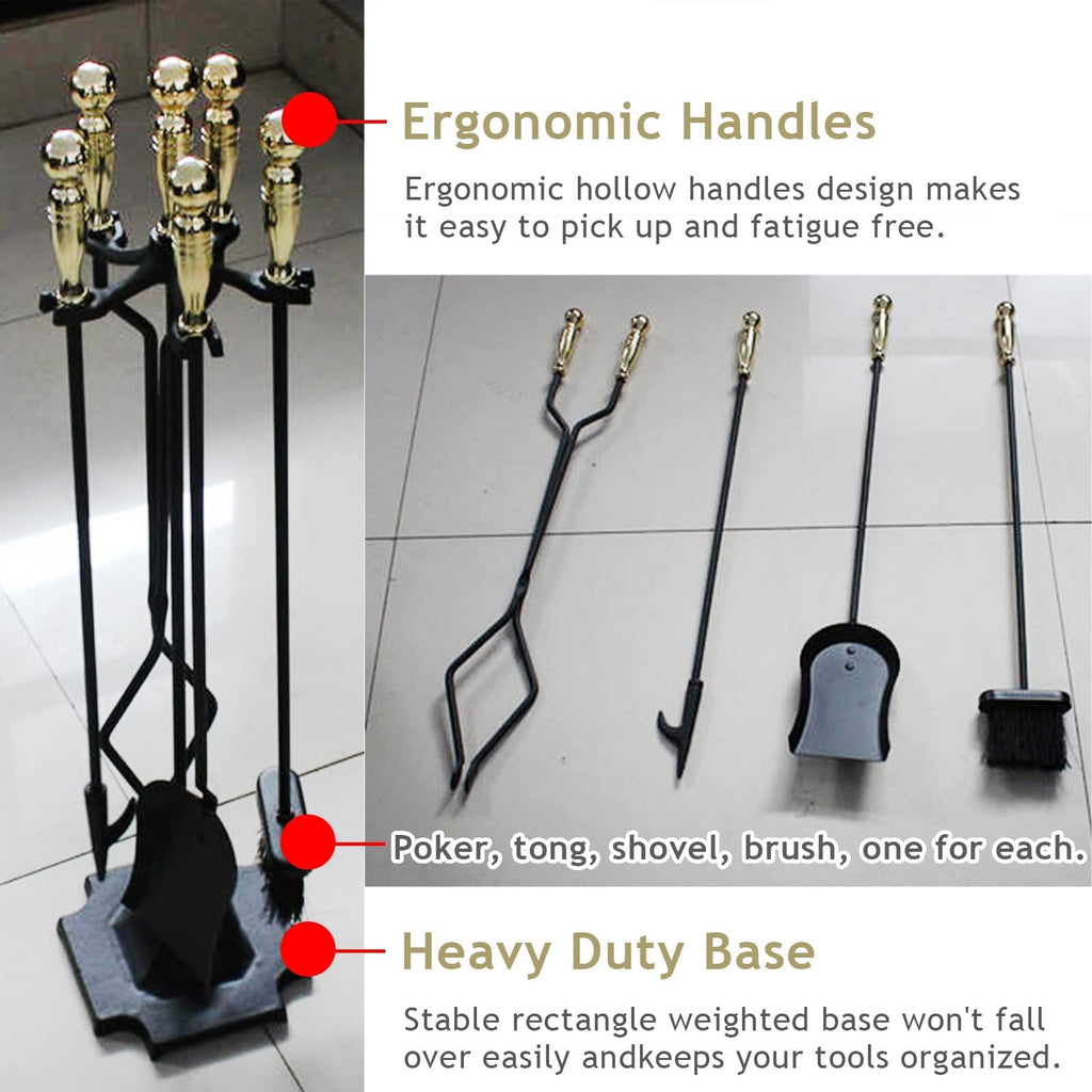 5-Piece Wrought Iron Fireplace Tool Set with Stand, Rust-Resistant Black Finish