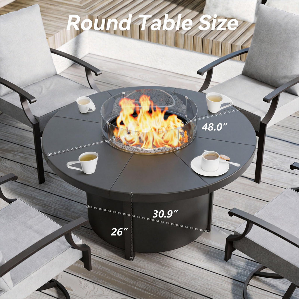 48" Round Propane Fire Pit Table with Glass Wind Guard, 55,000 BTU & Lava Rocks Included