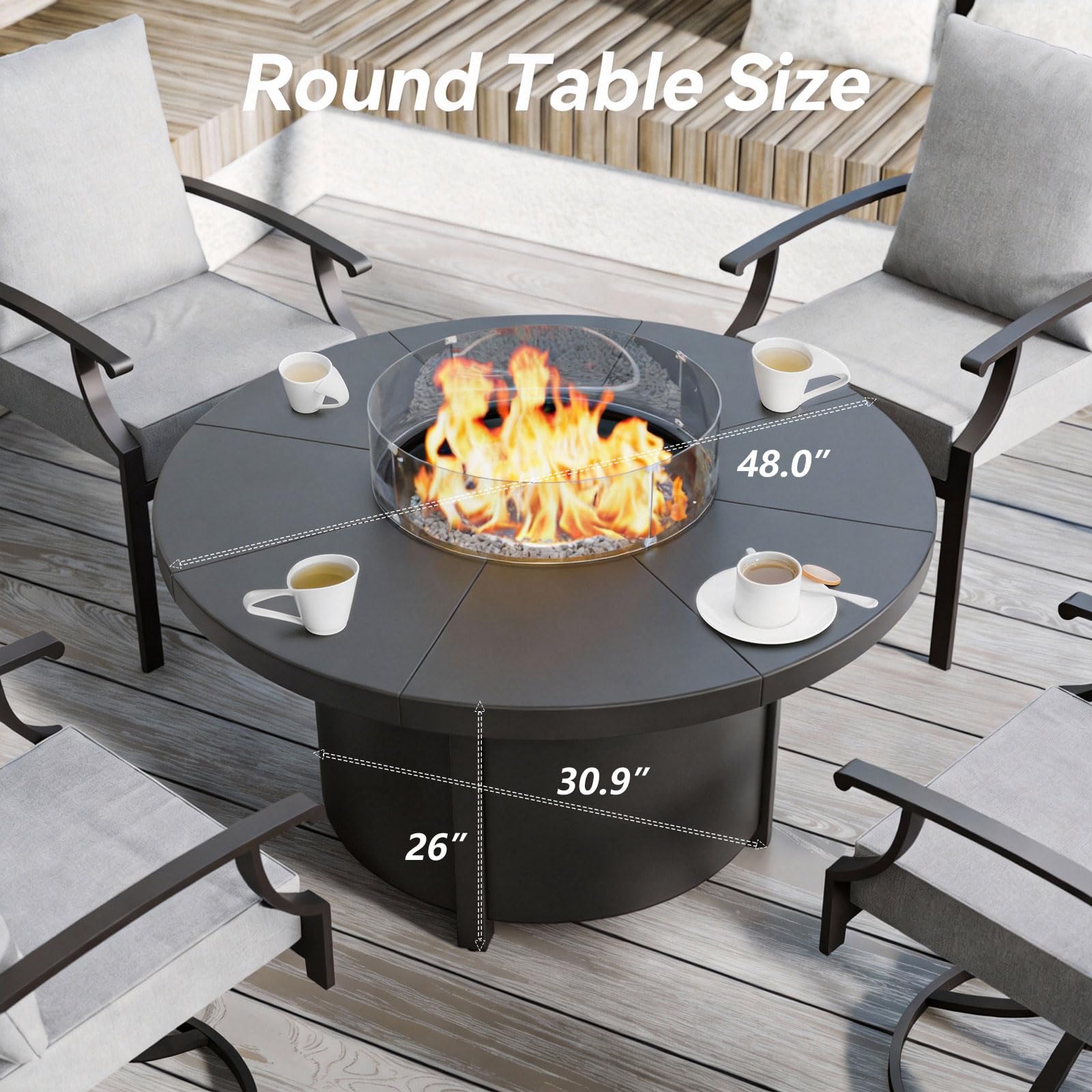 48" Round Propane Fire Pit Table with Glass Wind Guard, 55,000 BTU & Lava Rocks Included