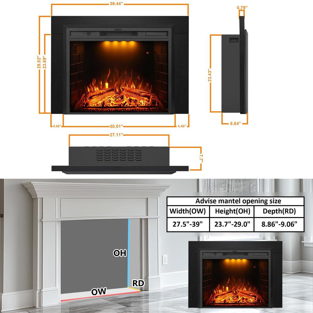 Electric Fireplace Insert with Trim Kit, Crackling Sound, Mood Lighting & Remote Control, 1500W, Black