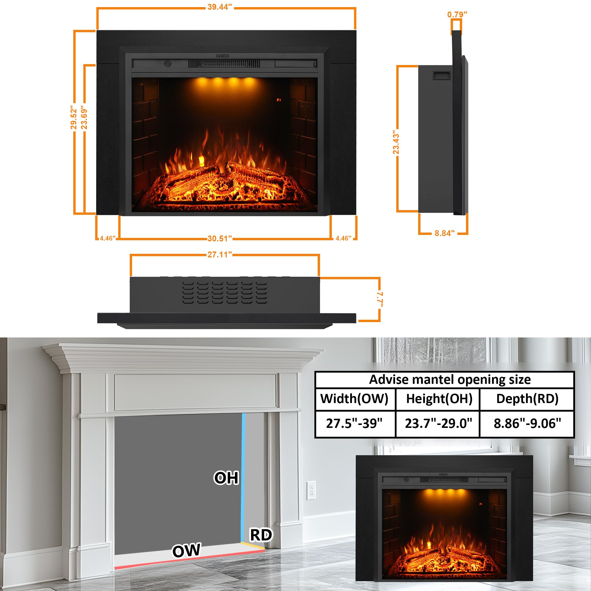 Electric Fireplace Insert with Trim Kit, Crackling Sound, Mood Lighting & Remote Control, 1500W, Black